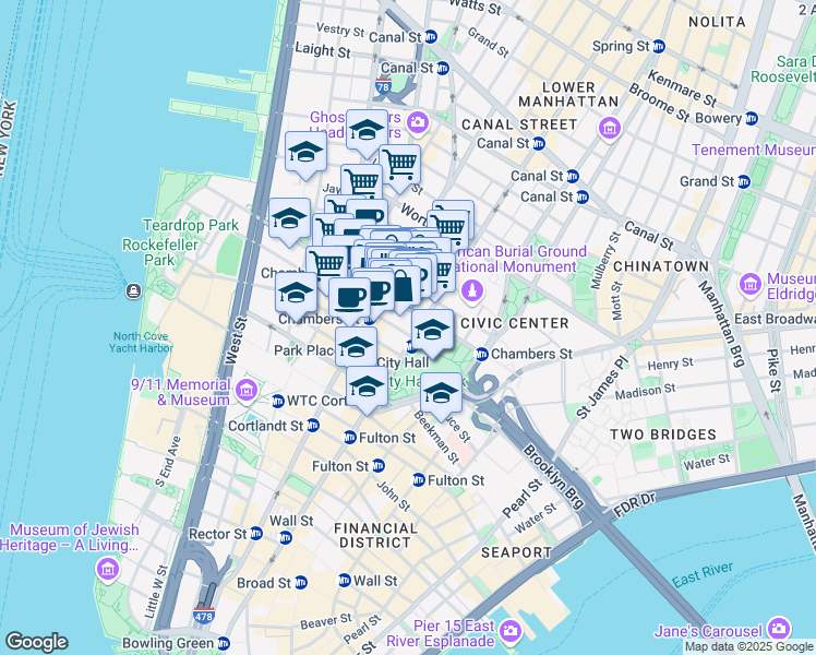 map of restaurants, bars, coffee shops, grocery stores, and more near 277 Broadway in New York