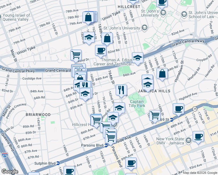 map of restaurants, bars, coffee shops, grocery stores, and more near 161-25 84th Drive in Queens