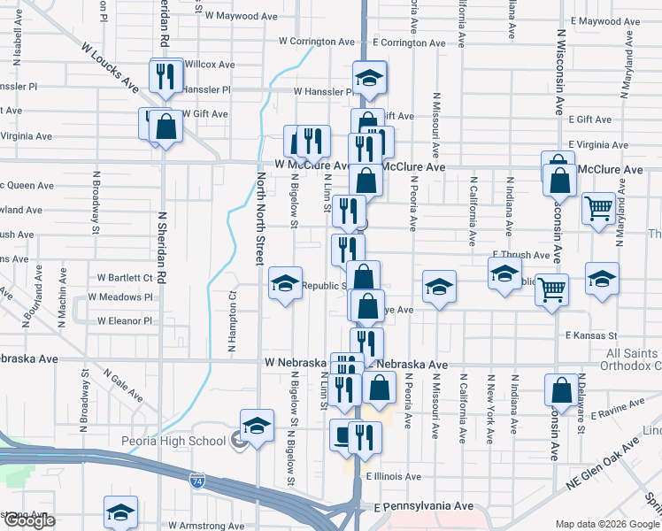 map of restaurants, bars, coffee shops, grocery stores, and more near 2142 North Linn Street in Peoria