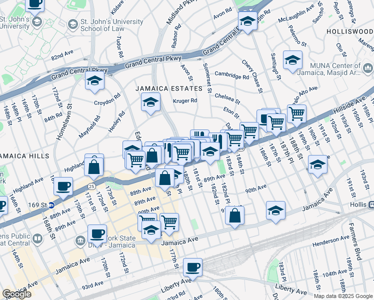 map of restaurants, bars, coffee shops, grocery stores, and more near 87-01 Midland Parkway in Queens