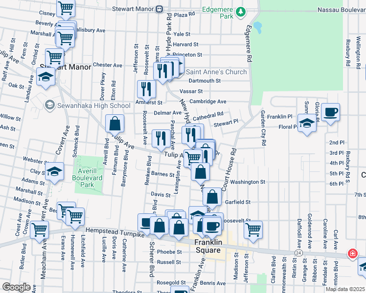 map of restaurants, bars, coffee shops, grocery stores, and more near 1055 Benmore Avenue in Franklin Square