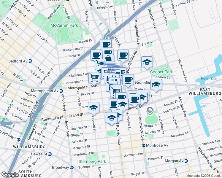 map of restaurants, bars, coffee shops, grocery stores, and more near 752 Metropolitan Avenue in Brooklyn