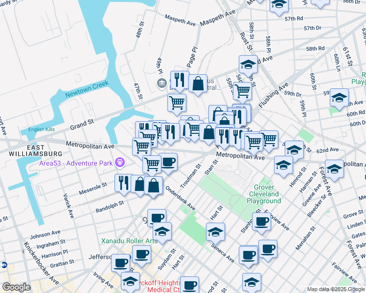 map of restaurants, bars, coffee shops, grocery stores, and more near 47 Metropolitan Avenue in Queens