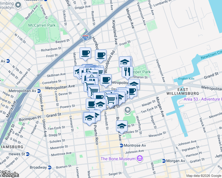 map of restaurants, bars, coffee shops, grocery stores, and more near 232 Devoe Street in Brooklyn