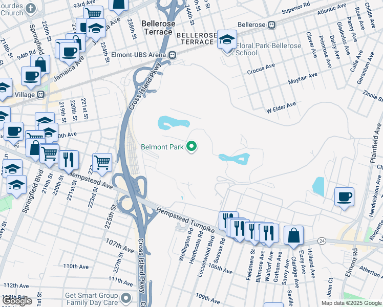 map of restaurants, bars, coffee shops, grocery stores, and more near 2150 Hempstead Turnpike in Elmont