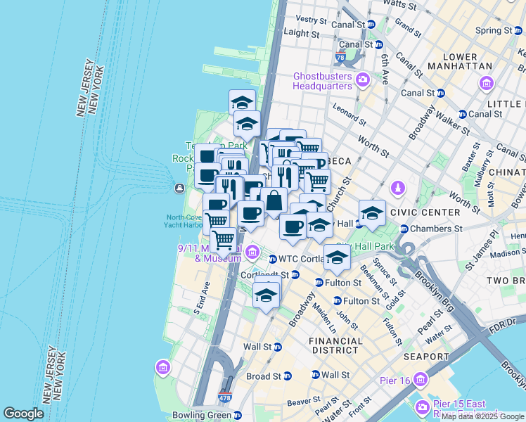 map of restaurants, bars, coffee shops, grocery stores, and more near 125 Barclay Street in New York