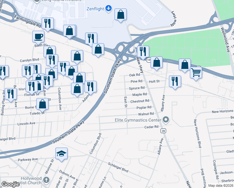 map of restaurants, bars, coffee shops, grocery stores, and more near 43 Spruce Road in Amityville