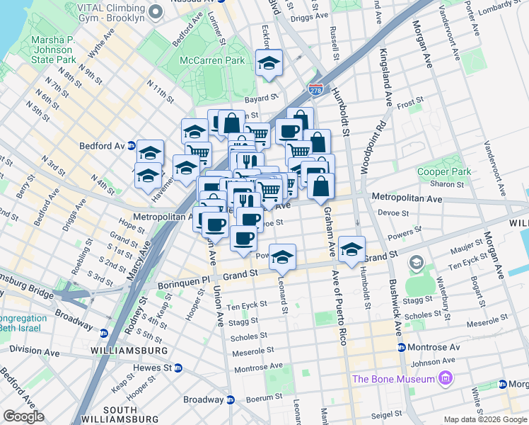 map of restaurants, bars, coffee shops, grocery stores, and more near 626 Metropolitan Avenue in Brooklyn