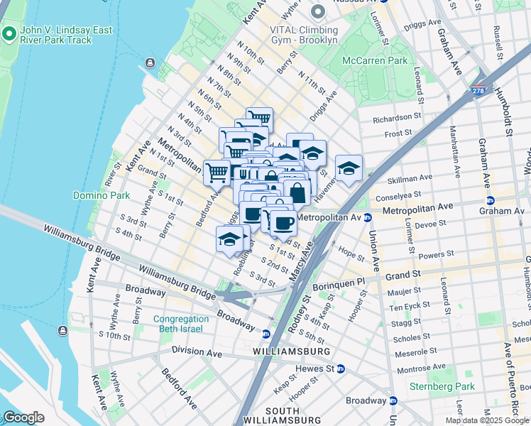 map of restaurants, bars, coffee shops, grocery stores, and more near Roebling St & Hope St in Brooklyn
