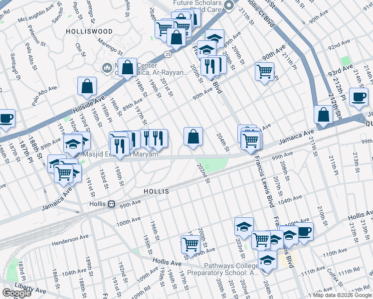 map of restaurants, bars, coffee shops, grocery stores, and more near 93-04 201st Street in Queens