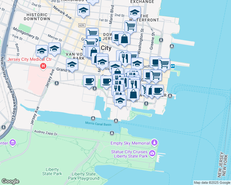 map of restaurants, bars, coffee shops, grocery stores, and more near 133 Morris Street in Jersey City