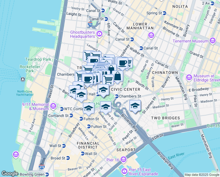 map of restaurants, bars, coffee shops, grocery stores, and more near 278 Broadway in New York