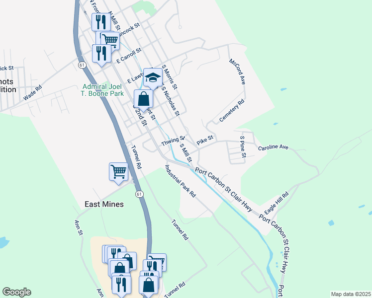 map of restaurants, bars, coffee shops, grocery stores, and more near 521 South Mill Street in Saint Clair