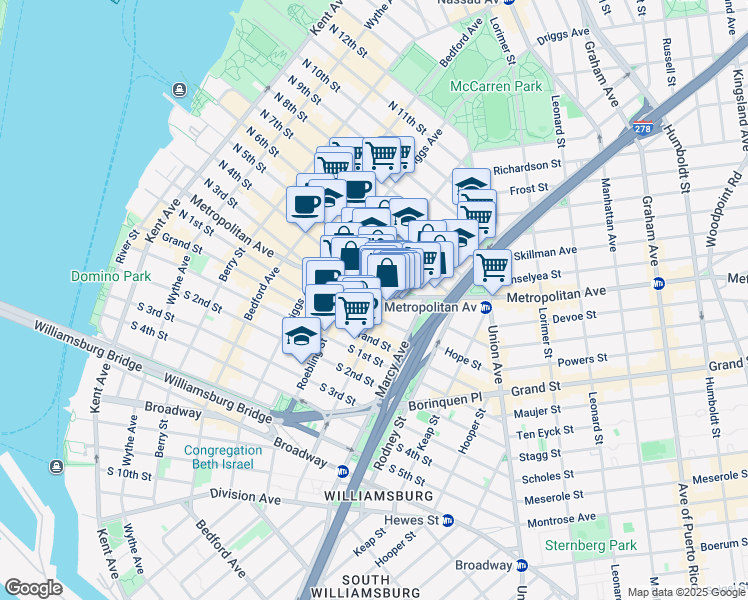 map of restaurants, bars, coffee shops, grocery stores, and more near 362 Metropolitan Avenue in Brooklyn