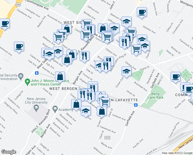 map of restaurants, bars, coffee shops, grocery stores, and more near 73 Oak Street in Jersey City