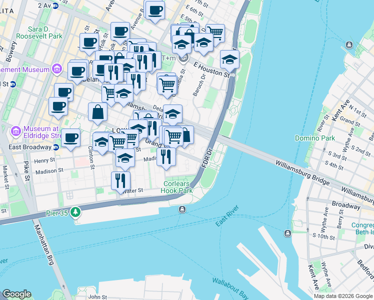 map of restaurants, bars, coffee shops, grocery stores, and more near 572 Grand Street in New York