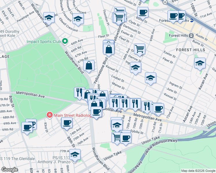 map of restaurants, bars, coffee shops, grocery stores, and more near 67-80 Selfridge Street in Queens