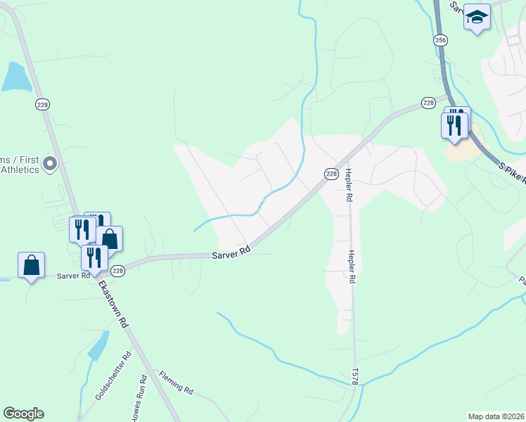 map of restaurants, bars, coffee shops, grocery stores, and more near 103 Kimberly Drive in Sarver