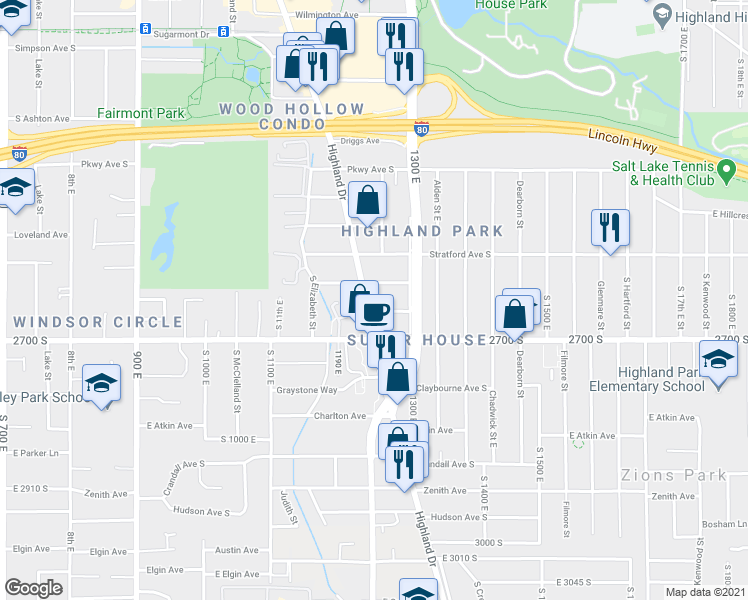 map of restaurants, bars, coffee shops, grocery stores, and more near 1256 East Crystal Avenue in Salt Lake City