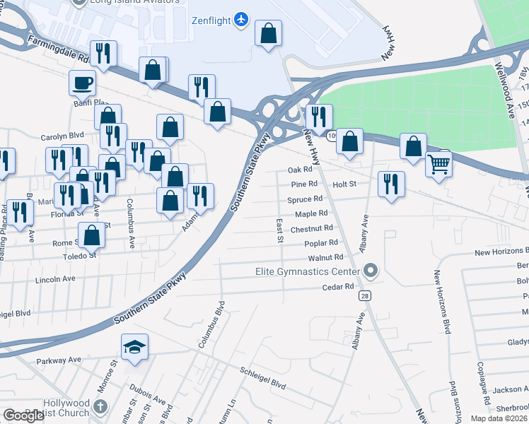 map of restaurants, bars, coffee shops, grocery stores, and more near 43 Spruce Road in Amityville