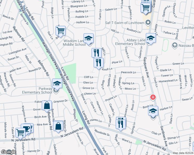map of restaurants, bars, coffee shops, grocery stores, and more near 189 Center Lane in Levittown