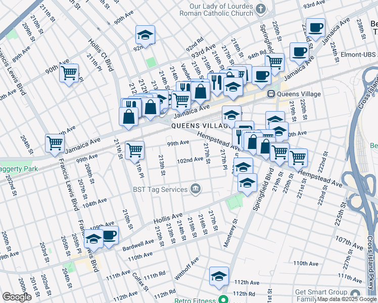 map of restaurants, bars, coffee shops, grocery stores, and more near 9904 216th Street in Queens