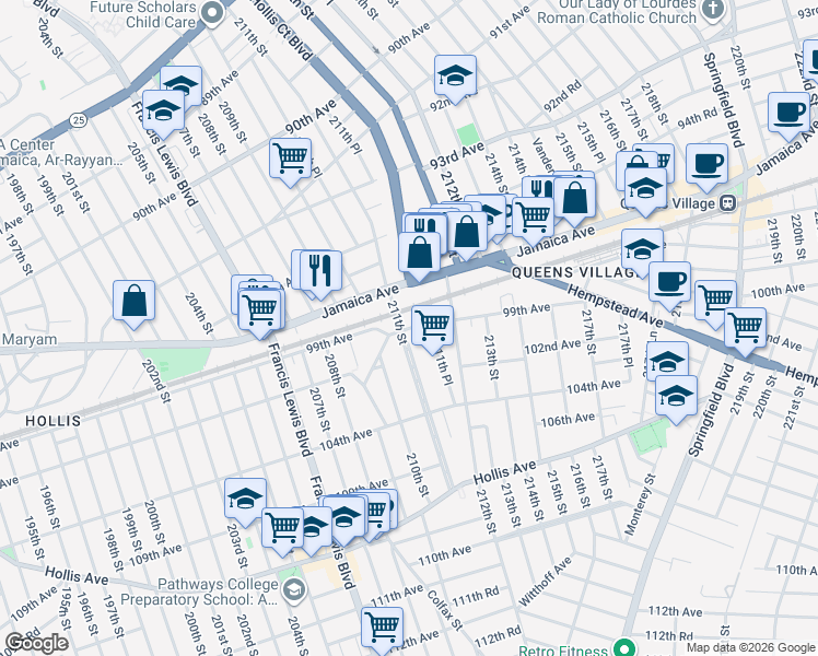 map of restaurants, bars, coffee shops, grocery stores, and more near 98-13 211th Street in Queens