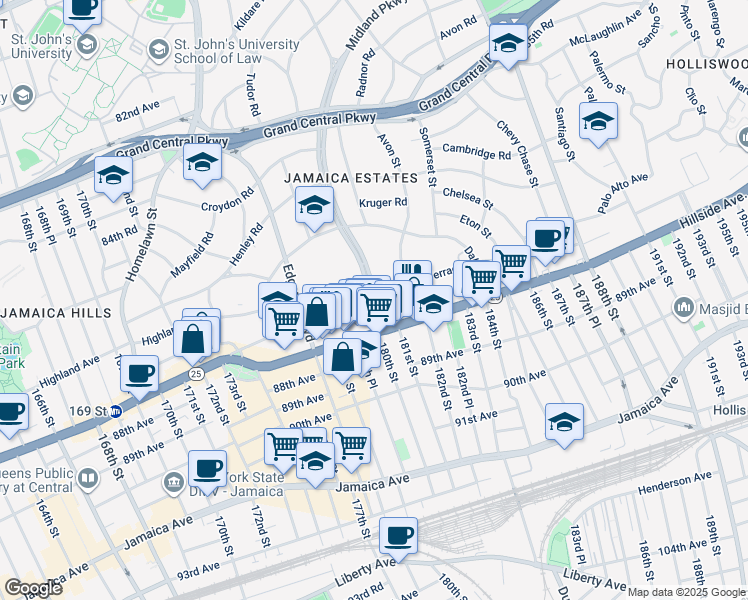 map of restaurants, bars, coffee shops, grocery stores, and more near 86-68 Midland Parkway in Queens