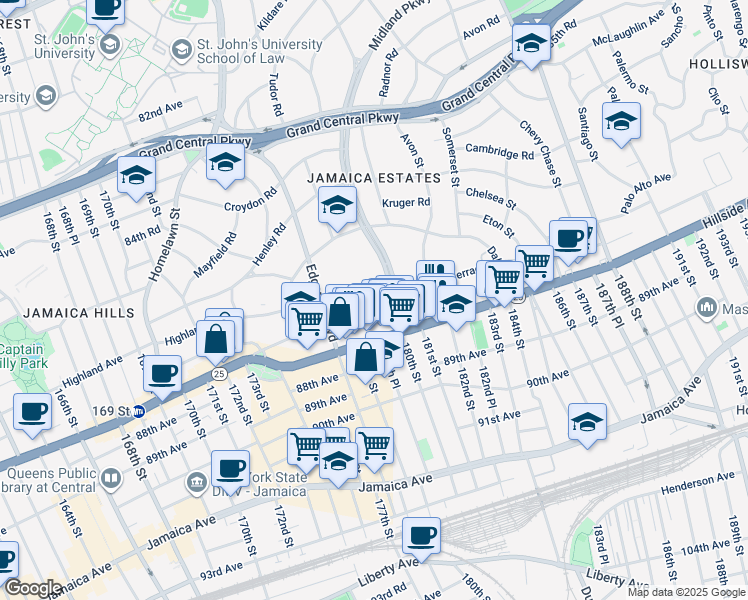 map of restaurants, bars, coffee shops, grocery stores, and more near 86-68 Midland Parkway in Queens