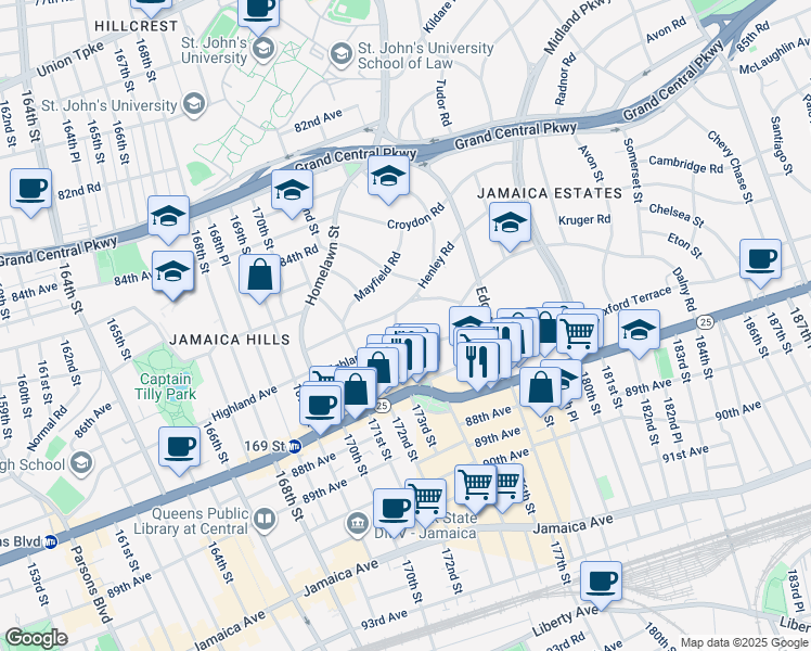 map of restaurants, bars, coffee shops, grocery stores, and more near 172-66 Henley Road in Queens