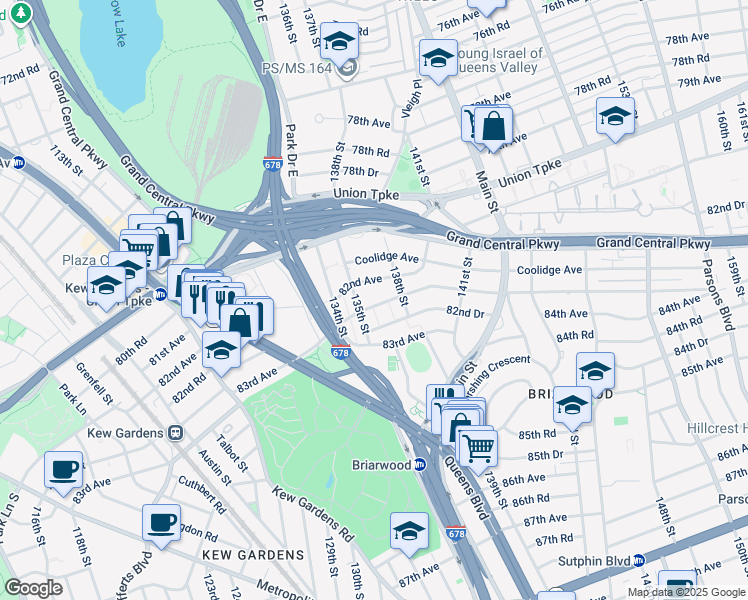map of restaurants, bars, coffee shops, grocery stores, and more near 135-08 82nd Avenue in Queens