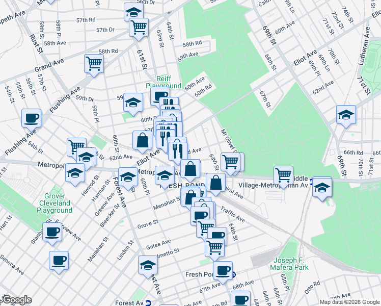 map of restaurants, bars, coffee shops, grocery stores, and more near 62-15 62nd Avenue in Queens