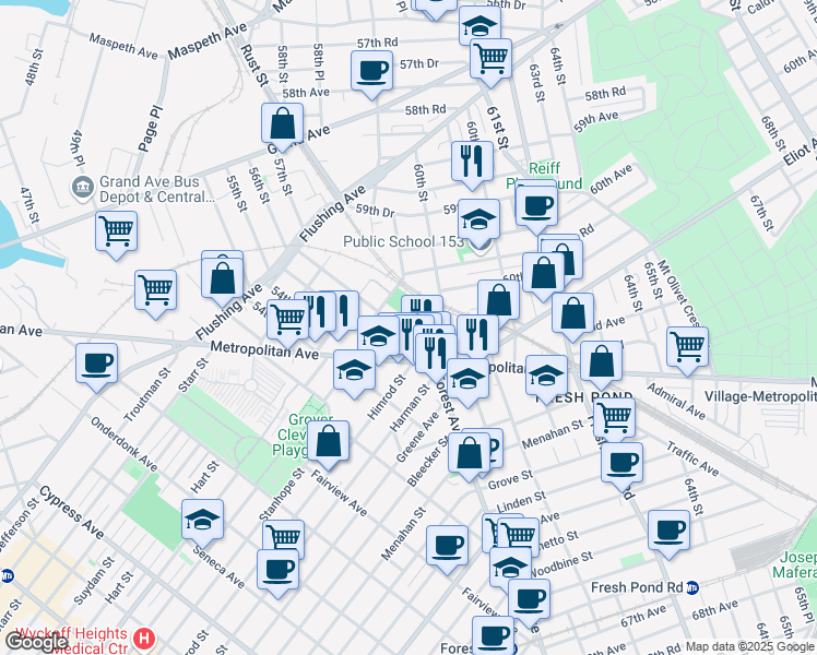 map of restaurants, bars, coffee shops, grocery stores, and more near 60-50 60th Street in Queens