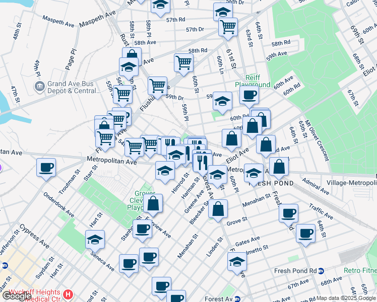 map of restaurants, bars, coffee shops, grocery stores, and more near 60-50 60th Street in Queens