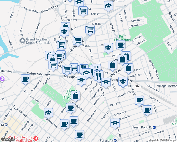 map of restaurants, bars, coffee shops, grocery stores, and more near 61-31 56th Street in Queens