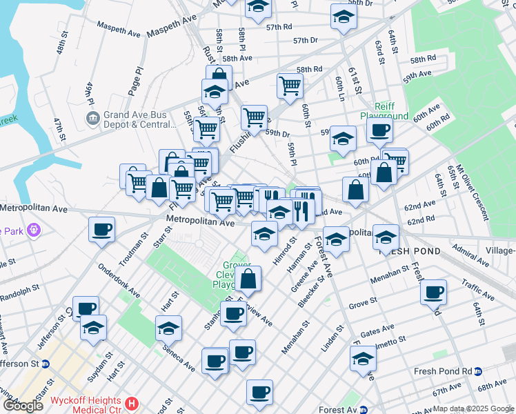 map of restaurants, bars, coffee shops, grocery stores, and more near 60-85 55th Street in Queens