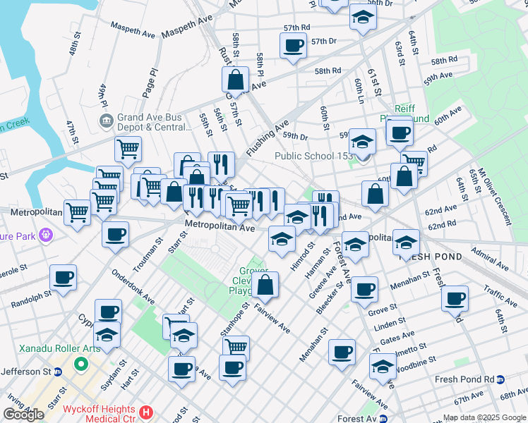 map of restaurants, bars, coffee shops, grocery stores, and more near in Queens