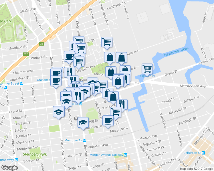 map of restaurants, bars, coffee shops, grocery stores, and more near 991 Metropolitan Avenue in Brooklyn