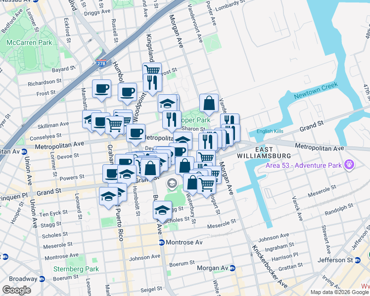map of restaurants, bars, coffee shops, grocery stores, and more near 928 Metropolitan Avenue in Brooklyn