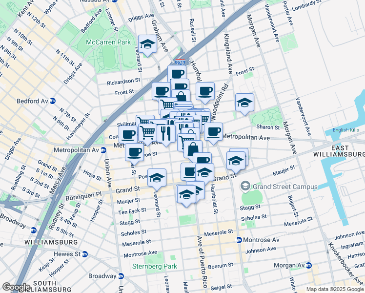 map of restaurants, bars, coffee shops, grocery stores, and more near 713 Metropolitan Avenue in Brooklyn