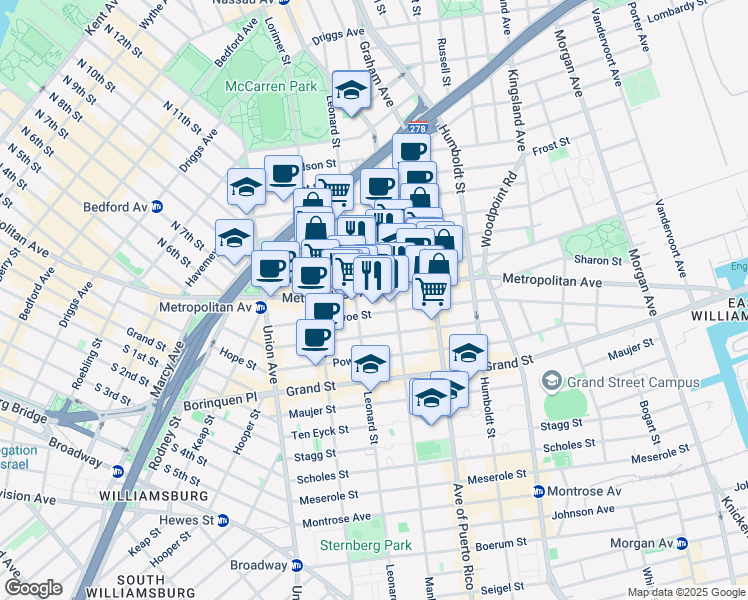 map of restaurants, bars, coffee shops, grocery stores, and more near 661 Metropolitan Avenue in Brooklyn