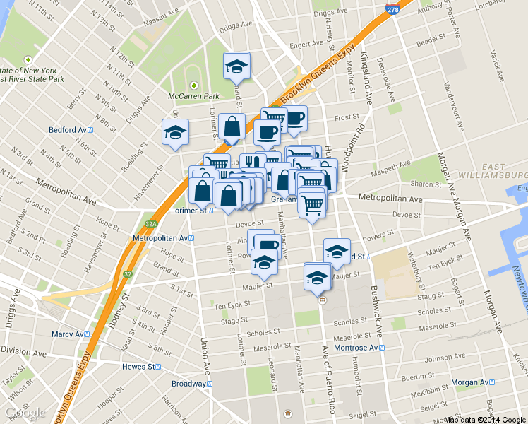 map of restaurants, bars, coffee shops, grocery stores, and more near 661 Metropolitan Avenue in Brooklyn