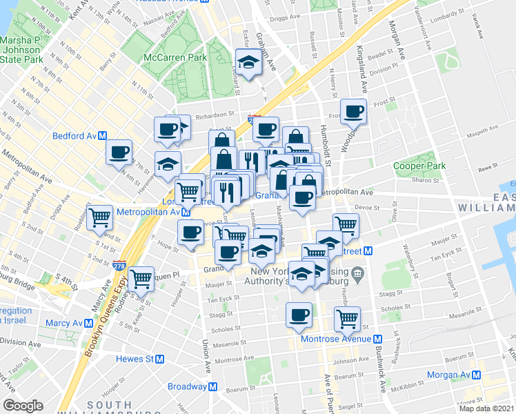 map of restaurants, bars, coffee shops, grocery stores, and more near 661 Metropolitan Avenue in Brooklyn