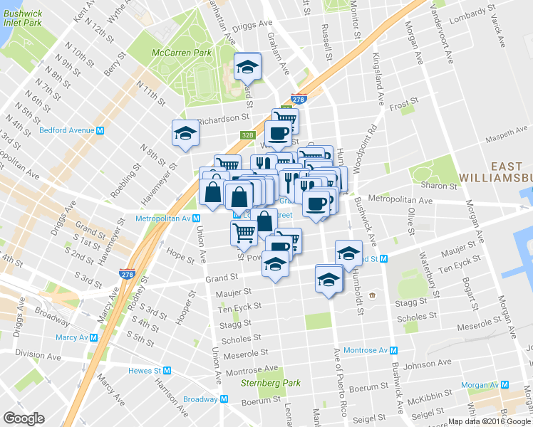 map of restaurants, bars, coffee shops, grocery stores, and more near 661 Metropolitan Avenue in Brooklyn