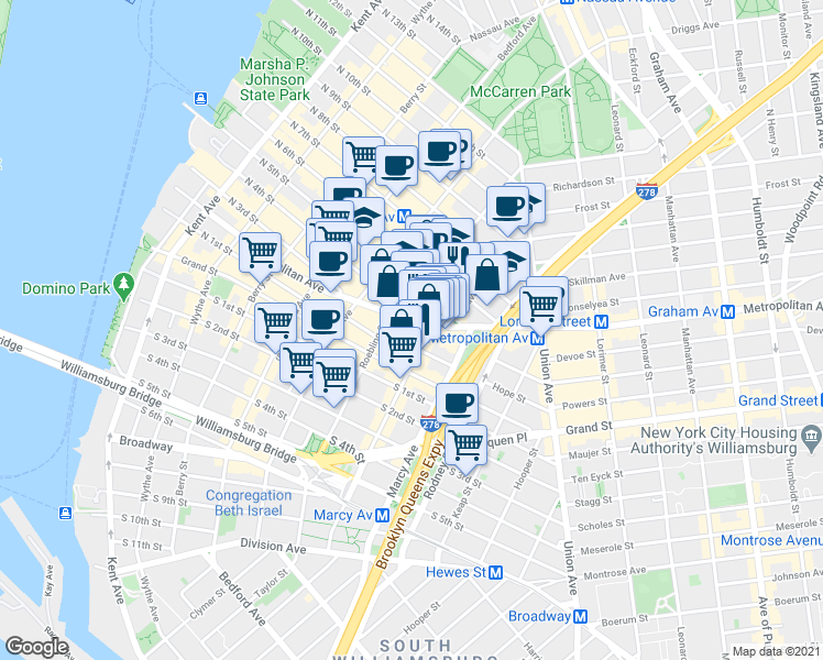 map of restaurants, bars, coffee shops, grocery stores, and more near 362 Metropolitan Avenue in Brooklyn