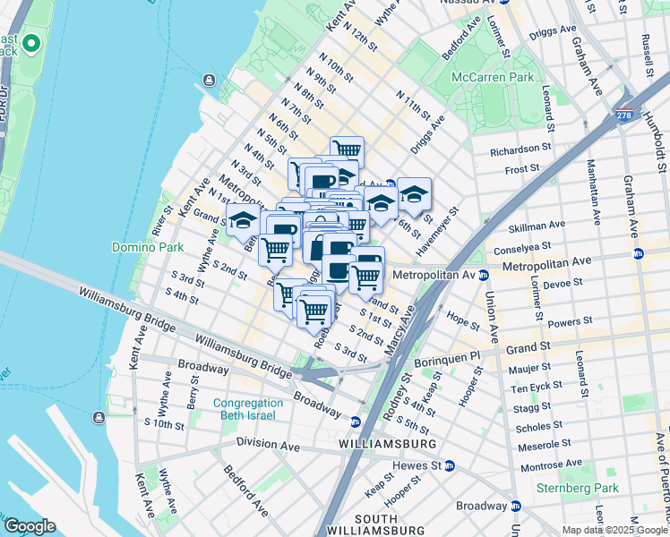 map of restaurants, bars, coffee shops, grocery stores, and more near 663A Driggs Avenue in Brooklyn