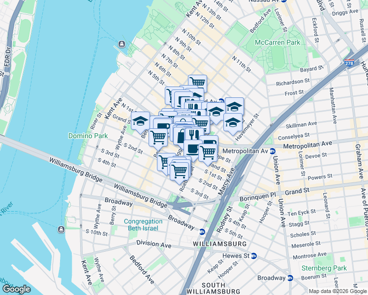 map of restaurants, bars, coffee shops, grocery stores, and more near 663A Driggs Avenue in Brooklyn