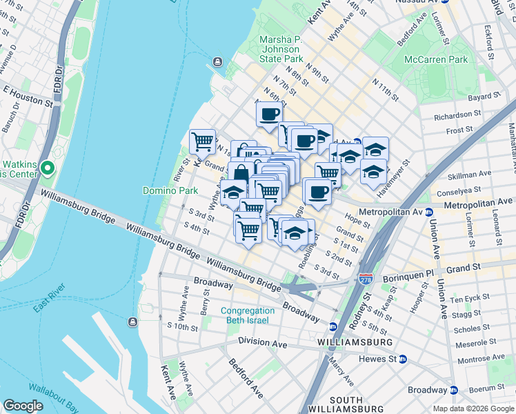 map of restaurants, bars, coffee shops, grocery stores, and more near 156 Grand Street in Brooklyn