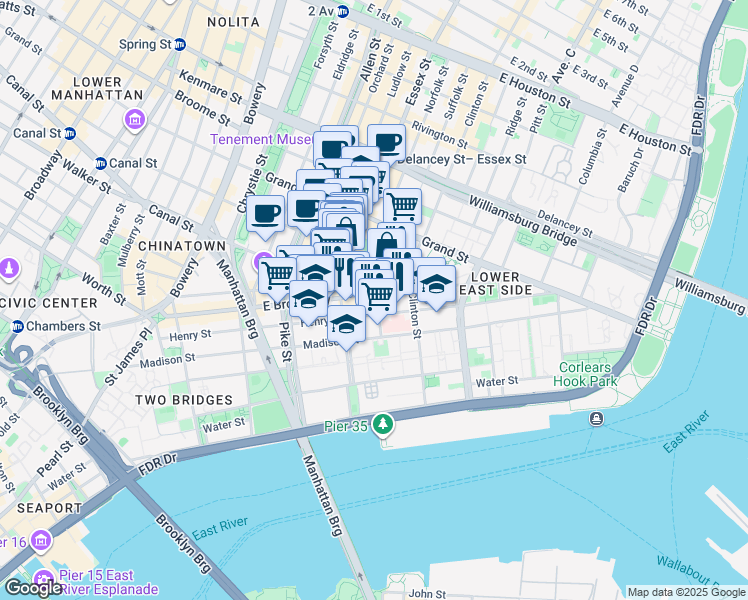 map of restaurants, bars, coffee shops, grocery stores, and more near 188 East Broadway in New York