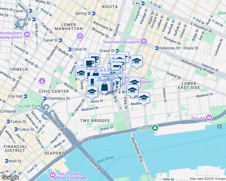 map of restaurants, bars, coffee shops, grocery stores, and more near 42 Division Street in New York